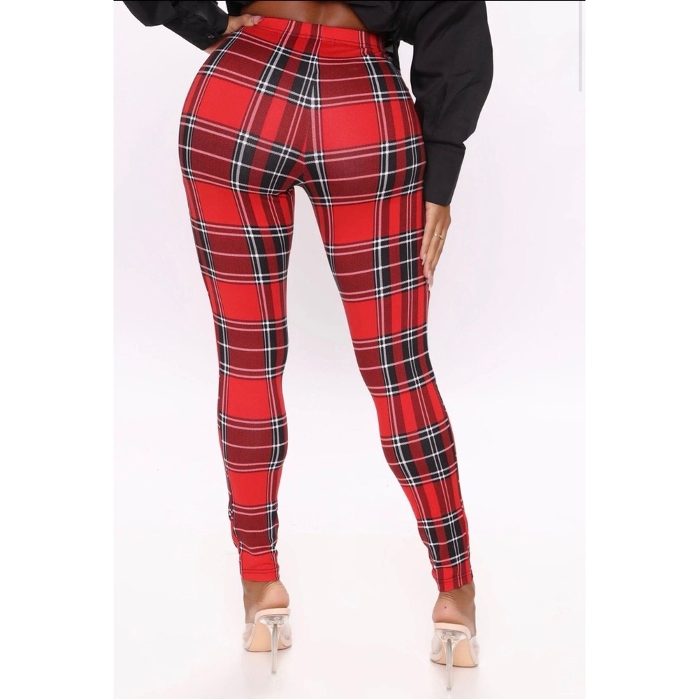 Fashion Nova Women Red Black Plaid Stretch Leggings Size M High Waisted Pants